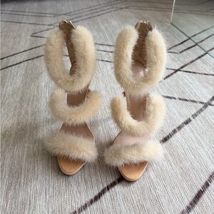 Giuseppe Zanotti Light Pink Leather & Fur Sandal Heels